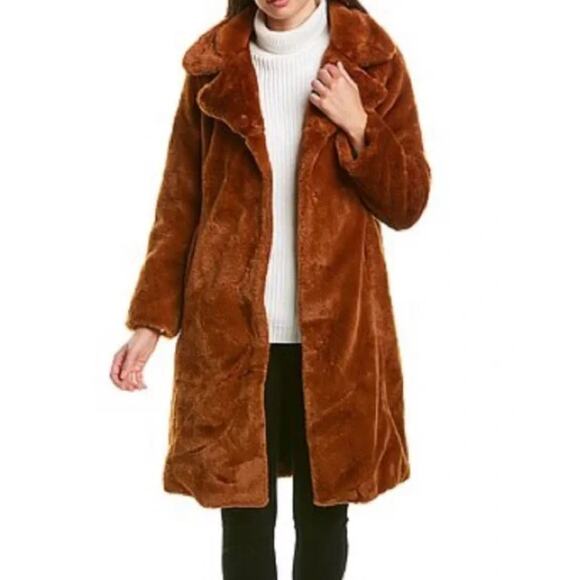Badgley Mischka Faux Fur Coat Medium Brown Orange Teddy Midi Trench Neutral - Picture 1 of 12